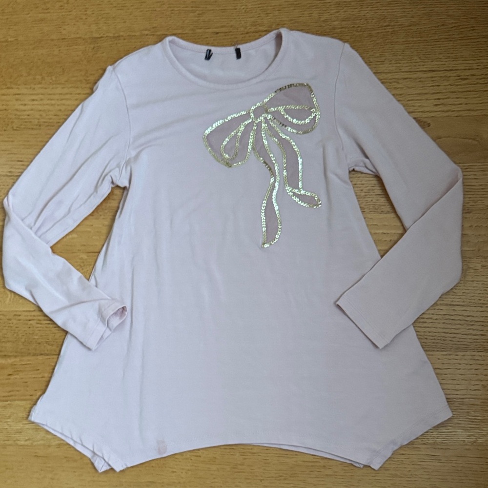 Imoga Light Pink Long Sleeve Tee with Gold Sequin Bow